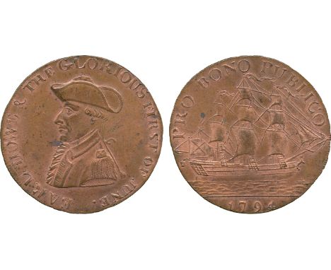 BRITISH 18th CENTURY TOKENS, Peter Kempson, Copper Halfpenny mule, 1794, obv bust of Earl Howe left, EARL HOWE & THE GLORIOUS