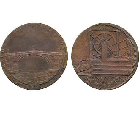 BRITISH 18th CENTURY TOKENS, Reynolds & Co., Copper Halfpenny, 1792, obv view of a bridge, IRON BRIDGE AT COALBROOK DALE 1779