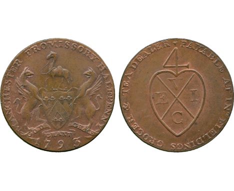 BRITISH 18th CENTURY TOKENS, John Fielding, Copper Halfpenny, 1793, obv Grocer’s arms and supporters, 1793 below, MANCHESTER 