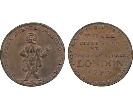 BRITISH 18th CENTURY TOKENS, Thomas Hall, Copper Halfpenny, 1795, obv deformed dwarf, SIR JEFFERY DUNSTAN MAYOR OF GARRAT aro