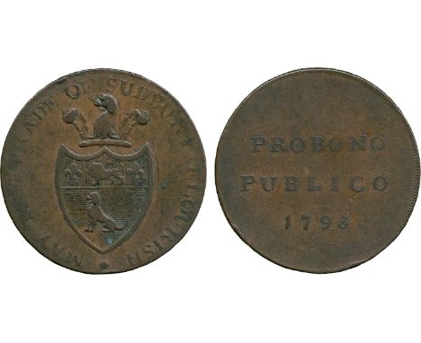 BRITISH 18th CENTURY TOKENS, Goldsmith & Sons, Copper Halfpenny, 1793, obv shield of arms of Sudbury, MAY THE TRADE OF SUDBUR