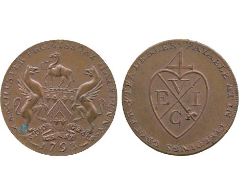 BRITISH 18th CENTURY TOKENS, John Fielding, Copper Halfpenny, 1793, obv Grocer’s arms and supporters, 1793 below, MANCHESTER 