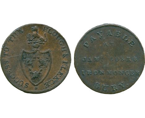 BRITISH 18th CENTURY TOKENS, James Goer, Copper Halfpenny, obv shield of arms of Bury St Edmunds, crest a wolf, SUCCESS TO TH