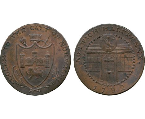 BRITISH 18th CENTURY TOKENS, Dunham & Yallop, Copper Halfpenny, 1792, obv shield of arms of the city of Norwich upon a sword 