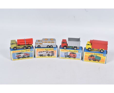 FOUR BOXED DIE CAST MATCHBOX NEW SUPERFAST MODEL VEHICLES, the first a GMC Tipper Truck no. 26 A, red cab, green chassis, sil