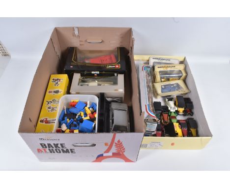 TWO BOXES OF DIE CAST VEHICLES AND A PUPPET, to include unboxed Matchbox Models of Yesteryear vehicles, a worn boxed Corgi 19