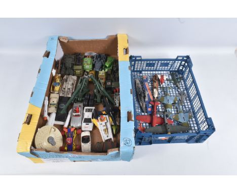 A QUANTITY OF UNBOXED ASSORTED PLAYWORN FILM &amp; TV RELATED AND MILITARY DIECAST VEHICLES, to include Dinky Toys Ed Straker