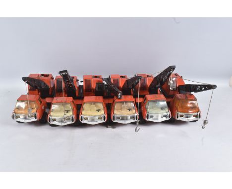 SIX MINI TONKA TOYS LORRY/TRUCK MOUNTED CRANES, all in orange livery, all appear largely complete and in working order but on