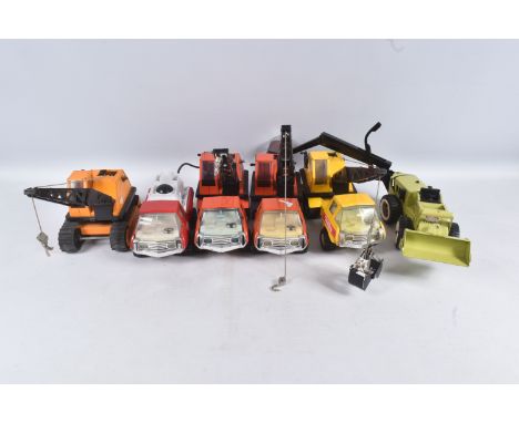 SIX ASSORTED TONKA TOYS VEHICLES, two Mini Tonka Toys lorry/truck mounted Cranes, a similar lorry/truck mounted Grab Crane wi