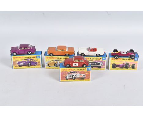 FIVE BOXED DIE CAST MATCHBOX NEW SUPERFAST MODEL VEHICLES, the first a Volkswagen 1500 no. 15 A, red metallic body with cream