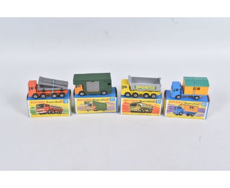 FOUR BOXED DIE CAST MATCHBOX NEW SUPERFAST MODEL VEHICLES, the first a Pipe Truck no. 10 A, orange body, silver base and gril