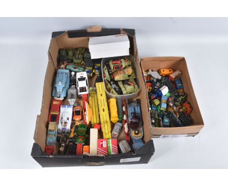 A TRAY OF UNBOXED PLAYWORN DIE CAST MODELS, to include Dinky military vehicles, Britains Log Truck and military figure, a Din