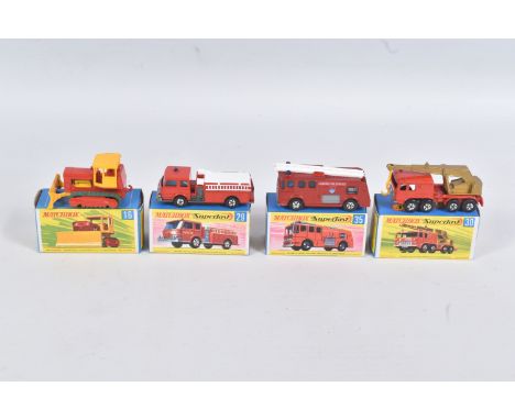 FOUR BOXED DIE CAST MATCHBOX AND SUPERFAST MODEL VEHICLES, the first a Case Bulldozer Tractor no. 16 D, red body with yellow 