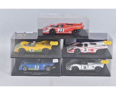 FIVE BOXED SLOT CAR MODELS,  all are 1/32 scale racing cars, Fly Porsche 908 3rd Jarama '70, No.C12, Fly Porsche 908 4th Zelt