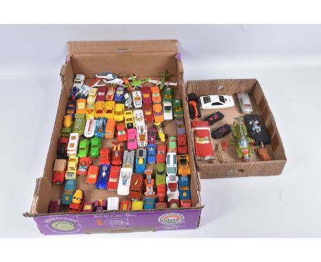 A QUANTITY OF UNBOXED DIE CAST MATCHBOX, CORGI AND DINKY VEHICLES, to include a Dinky UFO interceptor, damaged, Corgi 007 Lot