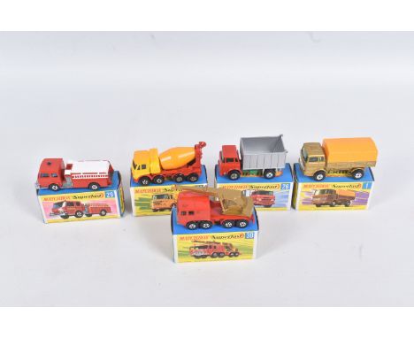FIVE BOXED DIE CAST MATCHBOX NEW SUPERFAST MODEL VEHICLES, the first a Mercedes Truck no. 1 A, metallic gold body, yelllow/ o
