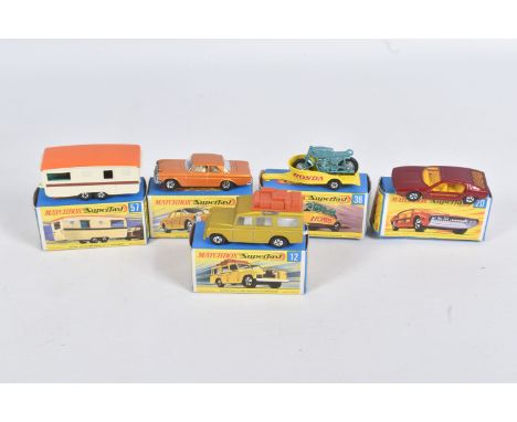 FIVE BOXED DIE CAST MATCHBOX NEW SUPERFAST MODEL VEHICLES, the first a Safari Land Rover no. 12 A, metallic gold with brown l