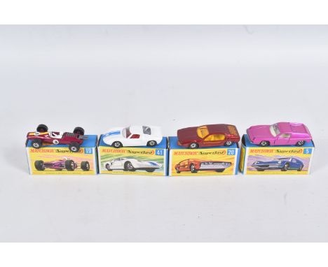 FOUR BOXED DIE CAST MATCHBOX NEW SUPERFAST MODEL VEHICLES, the first a Lotus Europa no. 5 A, pink body light interior, unpain