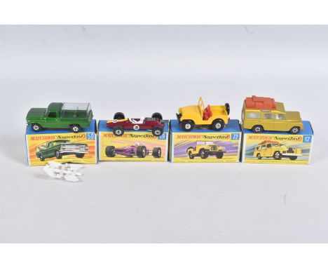 FOUR BOXED DIE CAST MATCHBOX NEW SUPERFAST MODEL VEHICLES, the first a Safari Land Rover no. 12 A, metallic gold body, white 