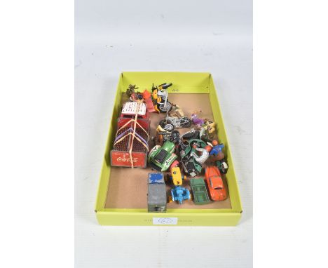 A SMALL COLLECTION OF VINTAGE PLAYWORN TOYS, to include Dinky Toys Bedford Coca Cola Truck, with its crates but held together