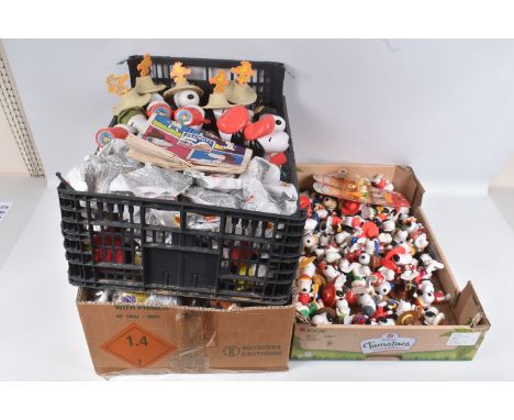 THREE TRAYS OF SNOOPY RELATED COLLECTABLES, largely fastfood related from McDonalds including Peanuts 50th Anniversaire Happy