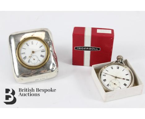 Silver watches, including a silver bedside clock, rear movement stamped Depose nr 1053156, white enamel face with Roman dial,