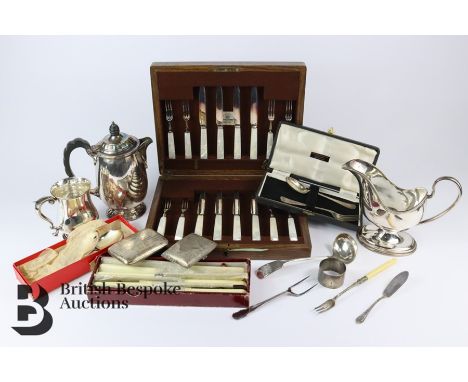 Miscellaneous silver and silver plate, including a boxed set of mother of pearl fruit knives and forks mm Mappin &amp; Webb, 