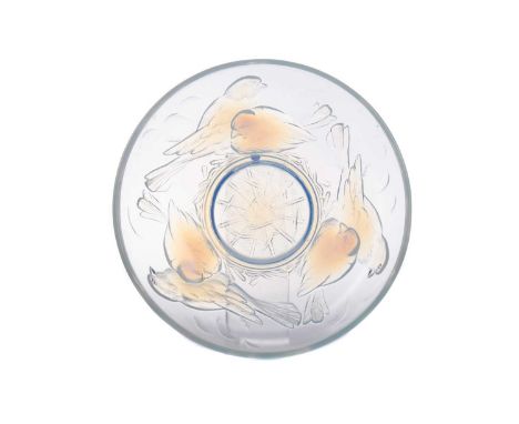 OPALESCENT GLASS BOWL BY EZAN,circa 1930, of circular form, the exterior moulded with pairs of finches, 25cm diameterConditio