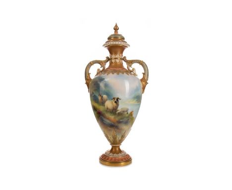 ROYAL WORCESTER VASE AND COVER BY HARRY DAVIS,of urn form with twin scrolling acanthus handles, hand-painted with sheep in a 