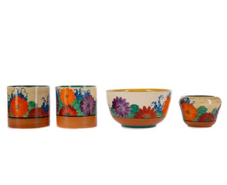BIZARRE BY CLARICE CLIFF GAYDAY WARE,a group comprising bowl, 12.9cm diameter, two jars and a small vase, three for Newport P
