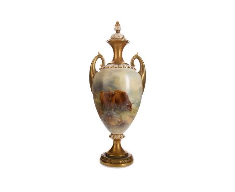 ROYAL WORCESTER VASE AND COVER BY JAMES STINTON,of urn form with twin scrolling acanthus handles, hand-painted with cattle in