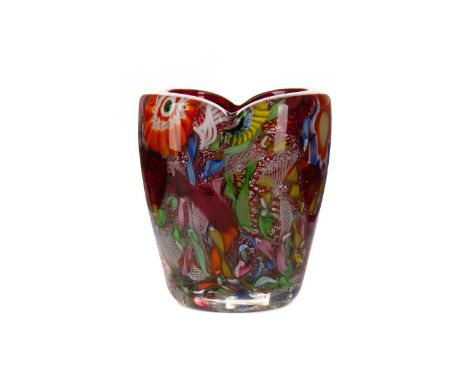 RUBY FLASHED MURANO GLASS VASE,with cane work millefiori internal decoration, unsigned, in the manner of Fratelli Toso, 9.7cm