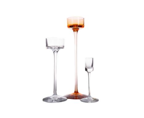 TALL AMBER FLASHED WEDGWOOD GLASS CANDLESTICK,of slender form, 28cm high, boxed, a squat example on globular column, and two 