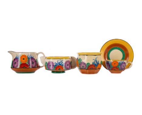 BIZARRE BY CLARICE CLIFF GAYDAY WARE,a group comprising crown shape jug, 9.5cm high, an octagonal bowl, a tea pot (lacking li