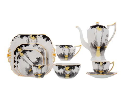 ART DECO SHELLEY 'SUNRISE' PATTERN PART TEA &amp; COFFEE SERVICE,comprising five coffee cups, six saucers, ten teacups, twelv