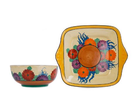 BIZARRE BY CLARICE CLIFF GAYDAY BOWL AND SANDWICH PLATE,the former for Wilkinson Ltd, 19.5cm diameter, the latter for Newport