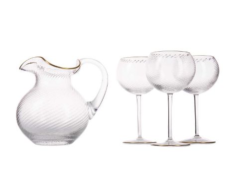 MURANO CLEAR GLASS GOURD SHAPED PITCHER,with moulded 'wrythen' decoration with a gilt line border with a set of six matching 