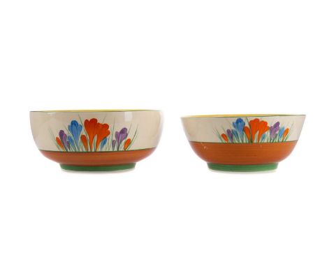 TWO BIZARRE BY CLARICE CLIFF CROCUS BOWLS,both on tapered foot, both for Wilkinson Ltd, with printed marks, diameter of large