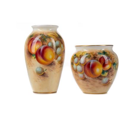 ROYAL WORCESTER SMALL OVOID VASE,hand painted with peaches and blueberries, signed, 10.5cm tall, along with another Royal Wor