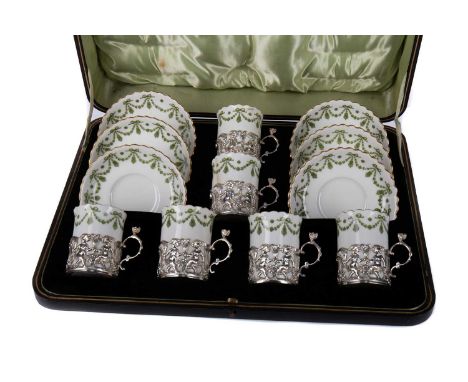 EARLY 20TH CENTURY GEORGE JONES CRESCENT CHINA COFFEE SET,comprising six coffee cups and six saucers, with green ribbon and f