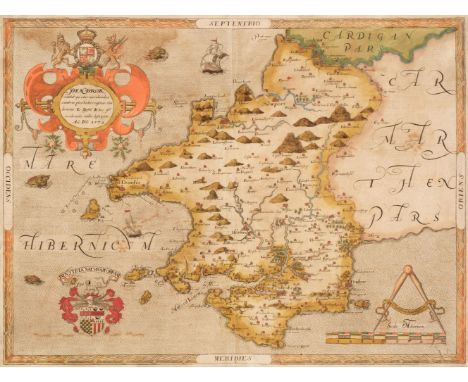 Pembrokeshire. Saxton (Christopher), Penbrok Comitat qui inter Meridionales Cambriae..., 1579, engraved map with contemporary