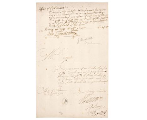* Flamsteed (John, 1646-1719). English Astronomer and the first Astronomer Royal. Autograph document signed, 'John Flamsteed 