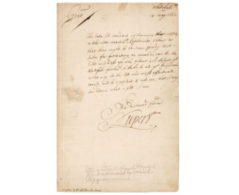 * Prince Rupert of the Rhine (1619-1682). German-English Army Officer, Admiral, Scientist and Colonial Governor. Letter signe
