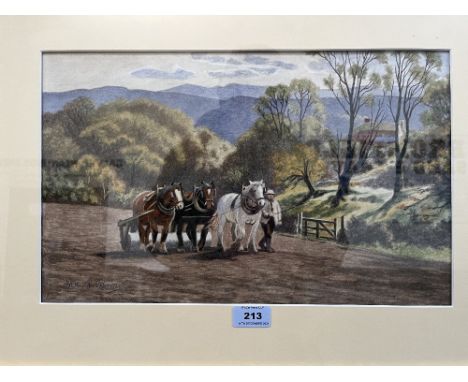 FRED R. GIBSON. BRITISH 20TH CENTURY Landscape with work horses and labourer. Signed. Watercolour 10' x 16'