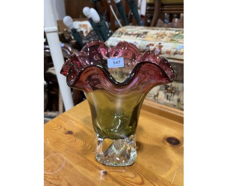 A ruby flashed green and clear glass studio vase. 11' high