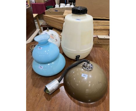 A 1970s retro rise and fall lamp; a globular hanging lamp; two glass shades and a brewing vessel