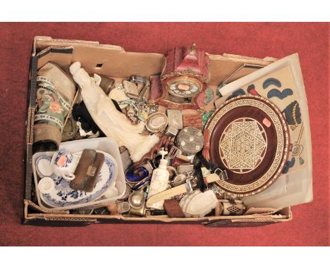 A box of miscellaneous items to include modern faux tortoise shell mantel clock, various trinket boxes, vesta case, wrist wat
