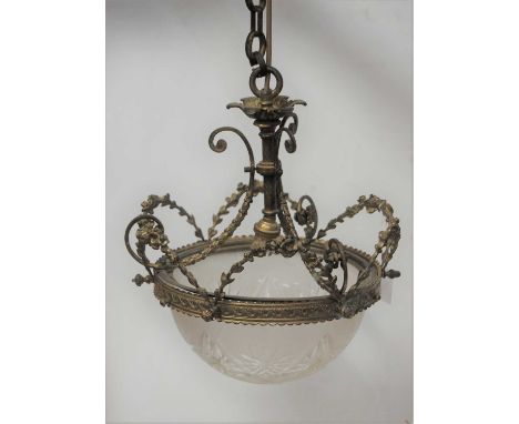 An early 20th century gilt brass framed ceiling light fitting having cut glass shade (shade cracked)Condition report: Shade w