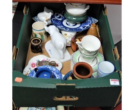 A box of miscellaneous items to include Palissy Art Deco part tea service, Spode Italian saucer etc