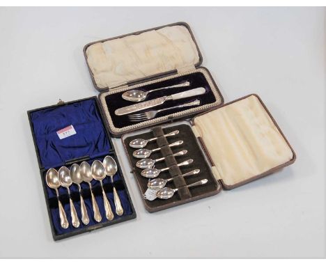 A cased set of silver teaspoons, Sheffield 1941, cased; together with a cased silver and mother of pearl christening set, She